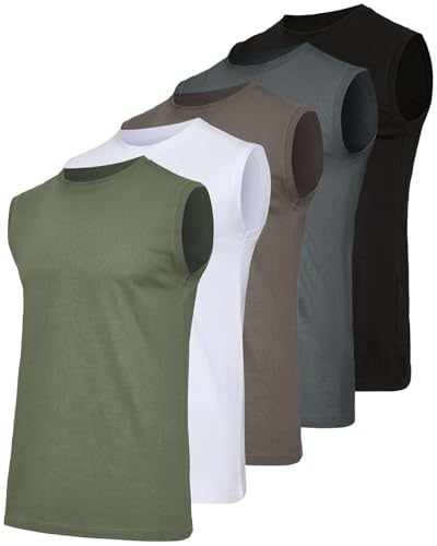 Real Essentials 5 Pack: Men's Cotton Sleeveless Crewneck Tank Top Casual Shirts Tees (Big & Tall Available)- Set 2, L