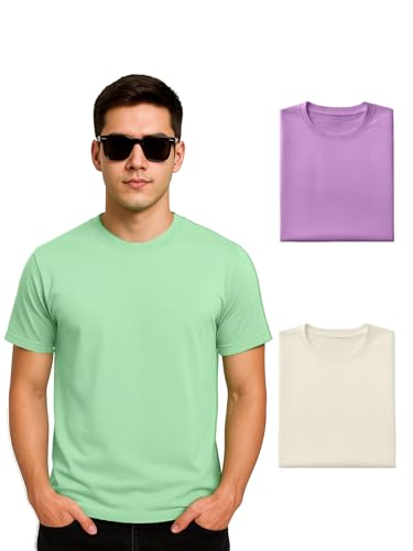 Image of Veirdo 100% Pure Cotton Regular Fit Half Sleeve Solid Core Round Neck Multicolor T-Shirt Combo for Men (Pack of 3)