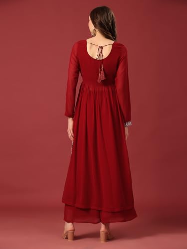 Image of PH POSHAKHUB Women A-Line Nyra Cut Kurta with Sharara in Georgette with Aari Work