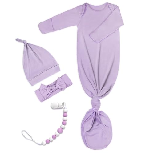 Newborn Baby Knotted Gown, Super Soft Silky Infant Long Sleeve Sleeper with Mittens and Hat & Bowknot Set (Extra Long)