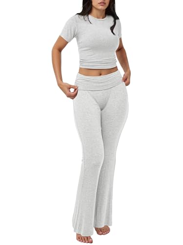 Motarto Women's 2 Piece Lounge Sets Short Sleeve Slim Fit Foldover Flare Pants Crop Top Casual Loungewear PJ - Main Image