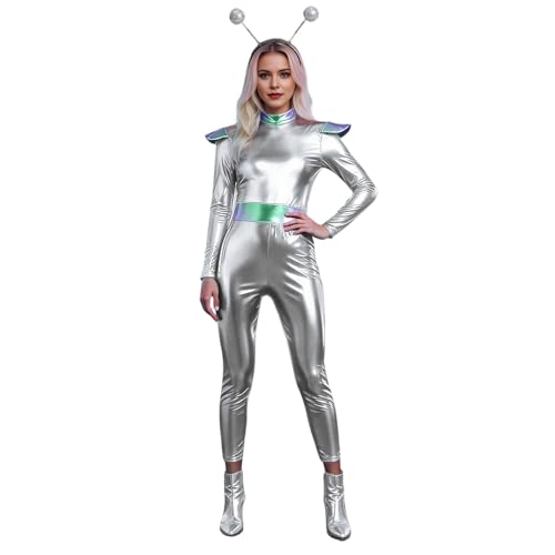 2026 Nuove aggiunte Costume da cosplay alieno futuristico per adulti, vestito elegante in stile court per giochi di ruolo fantascienza (argento, M)