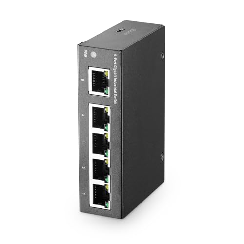 MokerLink Switch Ethernet Gigabit industriale a 5 porte su guida DIN, mini dimensioni, alimentazione di tipo C, hub splitter LAN senza ventola, switch di rete IP40 (da -40 a 185°F), capacità 10Gbps