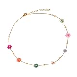 IMINI Daisy Flower Beaded Choker Necklace - Adjustable 18k Gold Plated Stainless Steel Chain 38+5cm, Lightweight Colorful Floral Boho Beach Holiday Jewellery Gift for Women Girls