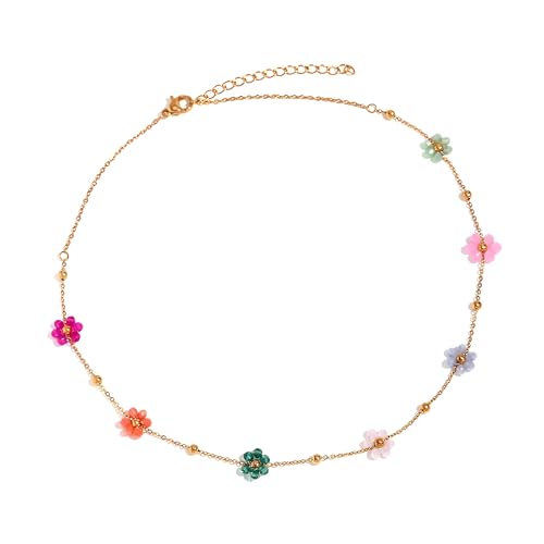 IMINI Daisy Flower Beaded Choker Necklace - Adjustable 18k Gold Plated Stainless Steel Chain 38+5cm, Lightweight Colorful Floral Boho Beach Holiday Jewellery Gift for Women Girls
