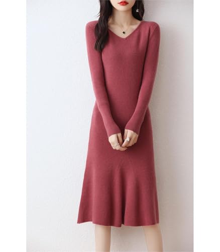 100% Wool Sweater Dress Women's Mid-Length Girl's Slim Fit V-Neck Long Sleeve Pullover A-line Knitted Long Dress2