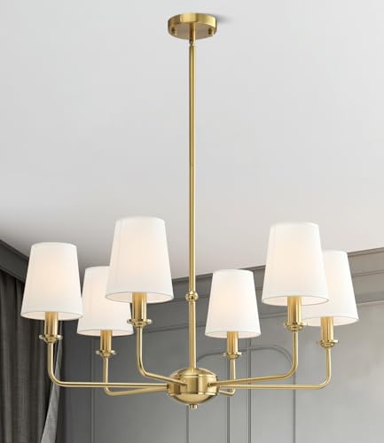 QUENEY 6-Light Brushed Gold Pendant Chandelier with Fabric Shades, E12 Base - Farmhouse & Industrial...