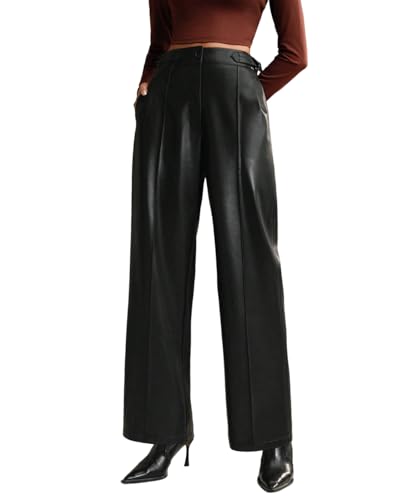 Women Faux Leather Pants High Waist Wide Leg Business Causal Trousers with Pockets