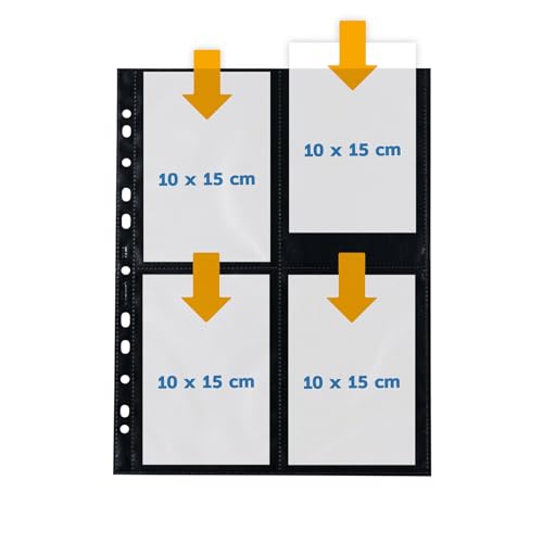 HERMA 7785 Fotohüllen für Ordner, 10 Stück, 10x15 cm, 4 Fächer geteilt, beidseitig bestückbare Fotophan Fotosichthüllen Sammelhüllen Postkartenhüllen Prospekthüllen mit Eurolochung, schwarz
