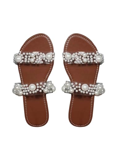 Verdusa Women's Pearls Clear Flat Sandals Open Toe Slip On Slides
