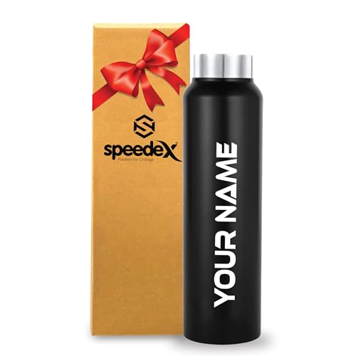 Image of Speedex Customised Stainless Steel Water Bottle 1 Ltr with Name - Personalised Engraved Screw Cap Bottle for Kids, Men & Women, School, Gym, Office Black, Set of 1