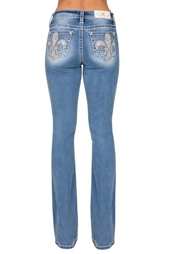 Miss Me Women's Mid-Rise Bootcut Jeans, Floral Pastel Fleur de Lis, Stretch Denim3