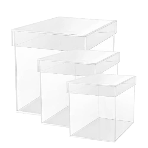 TUKA-i-AKUT 3er Set Vitrina Expositora de Acrílico, 30cm + 20cm + 15cm Forma de Cubo Almacenamiento Caja de Presentación, 5 Lados con Tapa, Escaparate para Figuras Colecciones Joyas Regalos, TKD8254