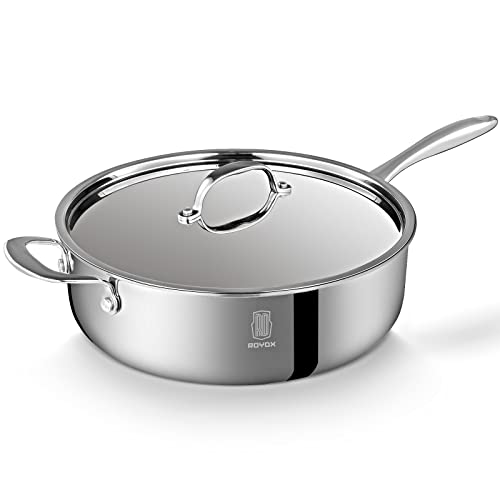 Roydx Stainless Steel Skillet Saute Pan, 5 Quart Tri-Ply Nonstick Large Fry Pans With Lid Single Stay-Cool Handle Cookware, Induction/Electric Gas Cooktops Oven Dishwasher Safe, For Kitchen Camping #TOP9