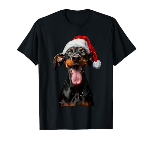Christmas Dog Outfit Dobermann Pinscher Weihnachten T-Shirt Schwarz Klein Klassisch Kurzarm Rundhals-Ausschnitt Pull-On Winter Unisex Erwachsene Kinder