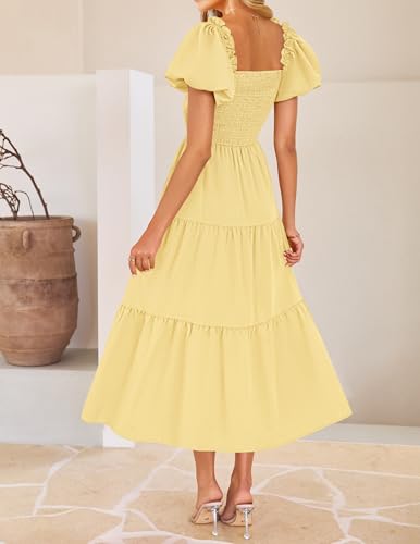 Image of ZESICA Womens Summer Casual Flowy Vacation Maxi Dress 2026 Short Puff Sleeve A Line Smocked Cutout Beach Party Dresses