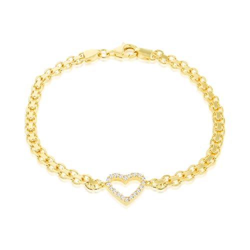 Bracelet femme argent or jaune cœur zirconium 19cm : bijou de créateur