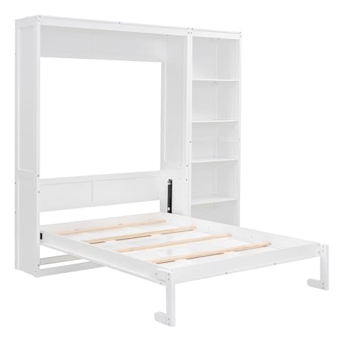Image of Merax Space-Saving White Murphy Bed Full Size with Adjustable Storage Shelves, Multifunctional Foldable Wall Bed for Small Spaces Studio Study Office Guest Room
