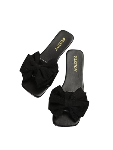 Verdusa Women's Bow Square Toe Flat Sandals Summer Slides Slip On Sandals
