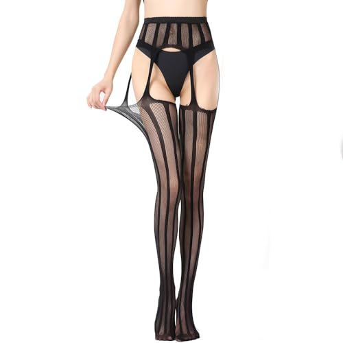 Sexy Suspender Socks，Women Fishnet Hollow Out Knitted Patterned Tights Vertical Strips Pantyhose For Female,One Size