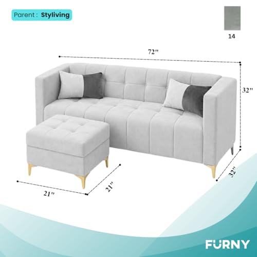 Image of FURNY Homeliving 4 Seater L Shape Sofa Set with Movable Ottoman & Golden Legs | Flexible Left or Right Layout | Plush Velvet Fabric (Light Grey) | Perfect for Living Room, Guest Room & Office