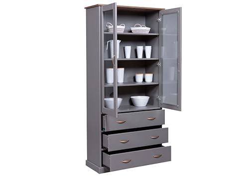 Inter Link - Vitrina - Aparador - Vajilla - Mueble de comedor - Estilo rústico - Madera maciza FSC - 2 puertas - 3 cajones - Luzerna 10 - Gris - imagen 3