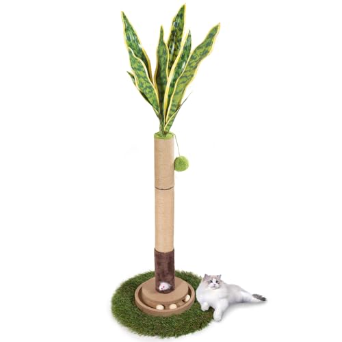 Cat Scratching Post, 35 Inch Tall Cat Scratcher Cat Tree Tower with Hanging Ball for Indoor Cats Adults,Snake Plant Sisal Rope Kitten Scratch with Interactive Mouse Cat Toy
