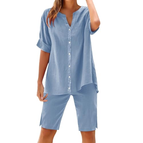 Conjunto de 2 piezas de lino y algodón para mujer pantalones cortos azul Z01