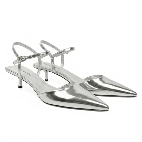 SAMMITOP Silver Kitten Heels Closed Pointed Toe Ankle Strap Slingback Heels Low Heel Pumps Metallic Shoes Women Dressy Work Casual 1.5 Inch Size 9.5 by SAMMITOP - Used condition - US$36.22