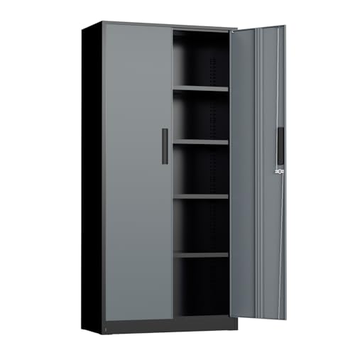 Image of INTERGREAT Metal Storage Cabinet, 72 inch Locking Steel Cabinets with 2 Door and 4 Adjustable Shelves, Tall Metal Cabinet for Home Office, Garage, Warehouse,(Black+Grey)