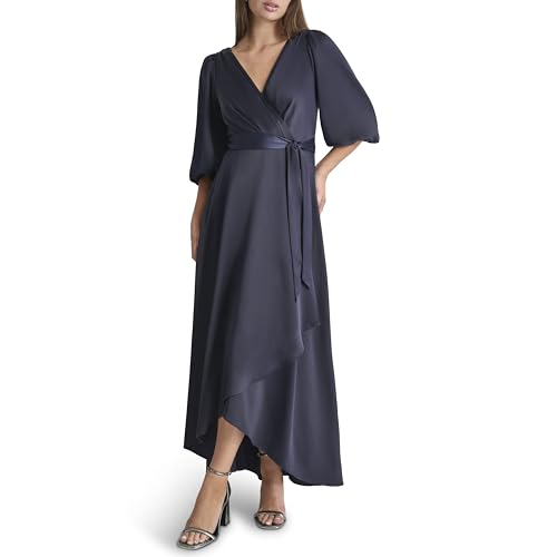 Image of DKNY Women's Balloon Sleeve Satin Faux Wrap Maxi Dress