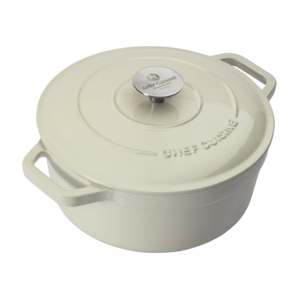 CHEF CUISINE Chef Cuisine Bräter mit Deckel Gusseisen Ø 24 cm – emailliert innen & außen, 3,5 L, Edelstahlknauf, für Herd & Backofen bis 350 °C, gleichmäßige Wärmeverteilung, beige