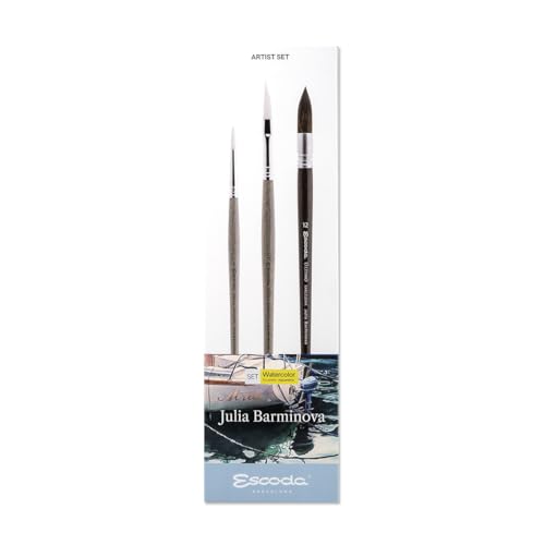 Image of Escoda | Watercolour | Artist Set Julia Barminova | Size 6,1 /4,12 | 3 Brushes | Synthetic White Toray + Tendo | Round Pointed + Dagger Striper + Round mop