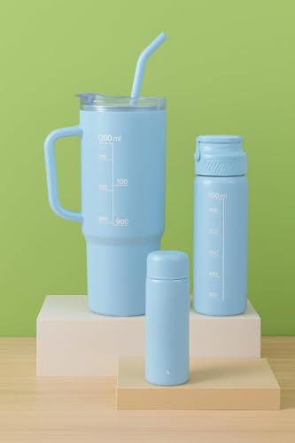 Image of Large Handle Water Bottle with Straw for Desk, Office, Travel - 1200 /900 /300 ML Gradient & Matte Hydration Bottle Set (Sky Blue)