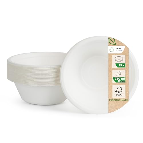 Love Nature Ökologische Einweg Suppenschalen aus Zuckerrohr Schnitzel - (350ml - 25 Stück) Suppenschüssel mit langanhaltender Wärmespeicherung - Langlebige Suppenteller Einweg - Einwegschalen