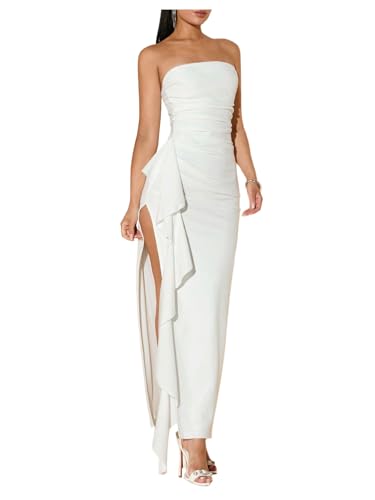 WDIRARA Women's Ruffle High Split Strapless Bodycon Dress Cocktail Wedding Party Maxi Dresses