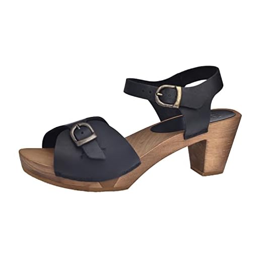 Sanita Tiana Sandale | Produit Original Fabriqué à la Main pour Femme | Sandale en Cuir avec Semelle en Bois Flexibles | Bride de Talon réglable | Noir | 42 EU