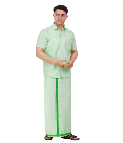 Image of Men's Traditional Indian Shirt and Dhoti Set, Half Sleeves Tissue Silk Cotton Shirt With Dhoti 2 metres for men
