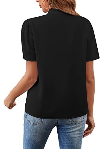 Rooscier Women's Bow Tie Knot Mock Neck Short Sleeve Elegant Workwear Blouse Shirt Top2