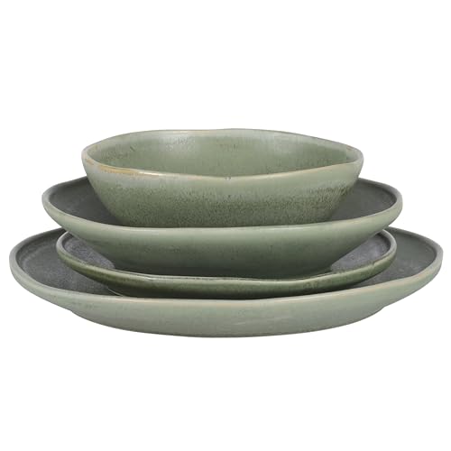 Image of Gibson Elite Island Cove 16 Piece (Service for 4) Plates and Bowls Reactive Glaze Organic Round Dishes Stoneware Ceramic Dinnerware Set -Green