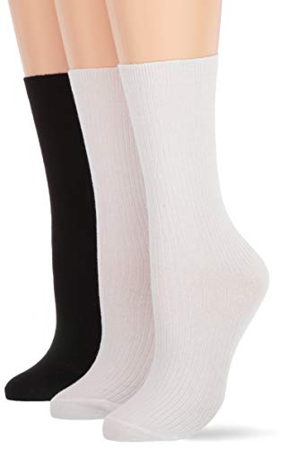 HUE Women's Relaxed Top Crew Socks, 3 Pair Pack, White/Black Pk, one size