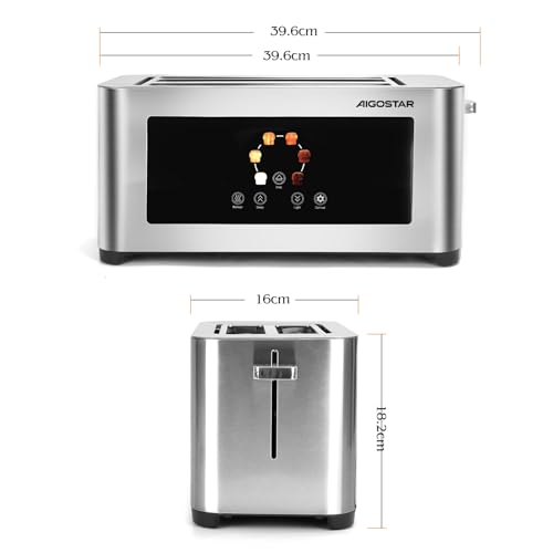 Aigostar Tostadora de 4 Rebanadas, Pantalla Táctil LED, Doble Ranura Larga y Extra Ancha de 4 cm, 6 Niveles de Tostado, Funciones de Recalentar, Descongelar y Parada, Acero Inoxidable, 1400W - imagen 8