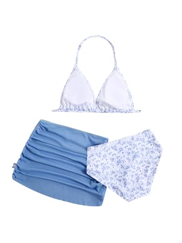 Image of RoseSeek Girl's 3 Piece Cute Bowknot Bathing Suit Halter Triangle High Waisted Swimsuit with Beach Cover Up Skirt