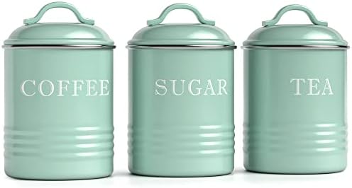 Barnyard Designs Canister Sets for Kitchen Counter, Vintage Kitchen Canisters, Country Rustic Farmhouse Decor for the Kitchen, Coffee Tea Sugar Farmhouse Kitchen Decor, Metal, Set of 3, Mint