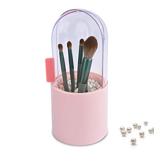 Bird&Fish Makeup Brush Holder Covered Makeup Brushes Case Large Capacity Brushes Organizer Cosmetics Brushes Storage Box with Lid Brushes Display Case Sliding Dustproof Cover with Free White Pearl (Pink)