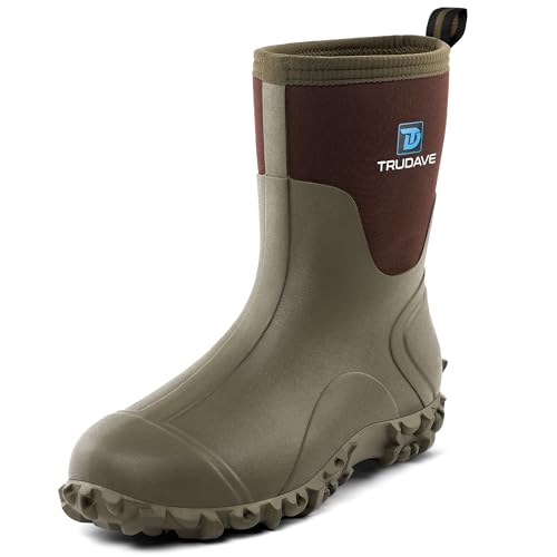 Trudave Rubber Boots for Men, 6mm Neoprene Insulated Mud Boots with Steel Shank, Men's Mid Calf Waterproof Rain Boots,Anti-Slip Rubber Work Boots for Farming Gardening Fishing, Olive Green, Size 7