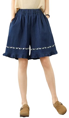 LAI MENG FIVE CATS Women's Summer Loose Casual Jeans Elastic Waist Wide Leg Denim Short Pants