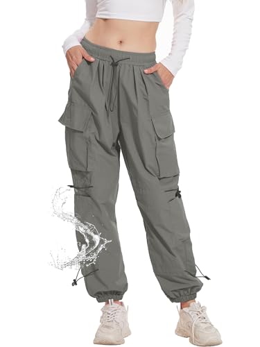 FDKLOOK Womens Baggy Cargo Pants Y2k Low Waisted Drawstring Casual Sporty Multiple Pockets Grey Parachute Pants M