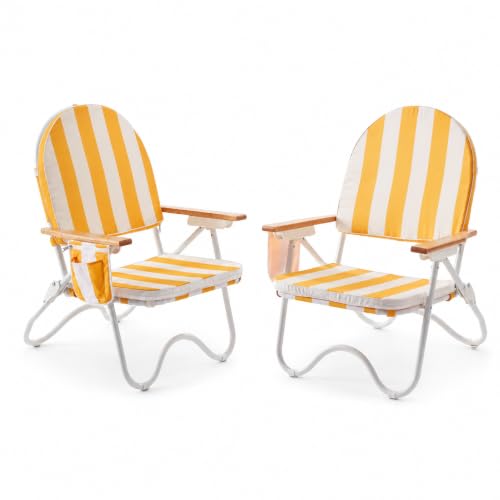 Image of 4-Position Padded Beach Chair Set of 2, Low Backpack Beach Chair | Wooden Armrests & Foldable Design, Side Pocket & Zippered Rear Pouch, Cala Serena Ochre Stripe