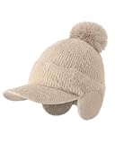 Loiyadn Winter Hats for Women - Winter Beanie Womens with Faux Fur Bobble, Soft Stretch Cute Womens Winter Hats with Visor 1 Pack Khaki